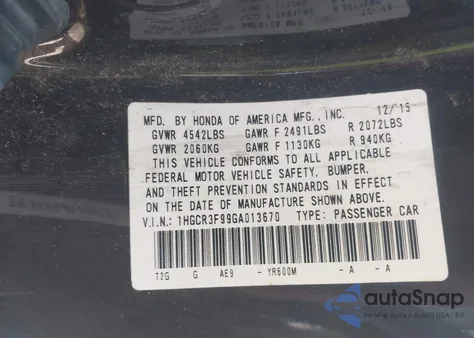 2016 Honda Accord Touring z USA, uszkodzony, nr VIN 1HGCR3F99GA013670